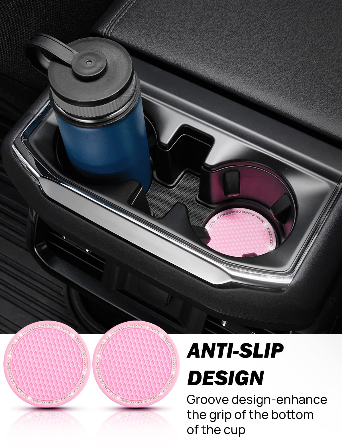 JOYTUTUS Car Drink Holder Coaster, Universal Car Drink Holder Insert, Non-Slip Car Coasters for Coffee Mugs, Car Accessories for Women, Pack of 2, Black/Glitz (Black-2)