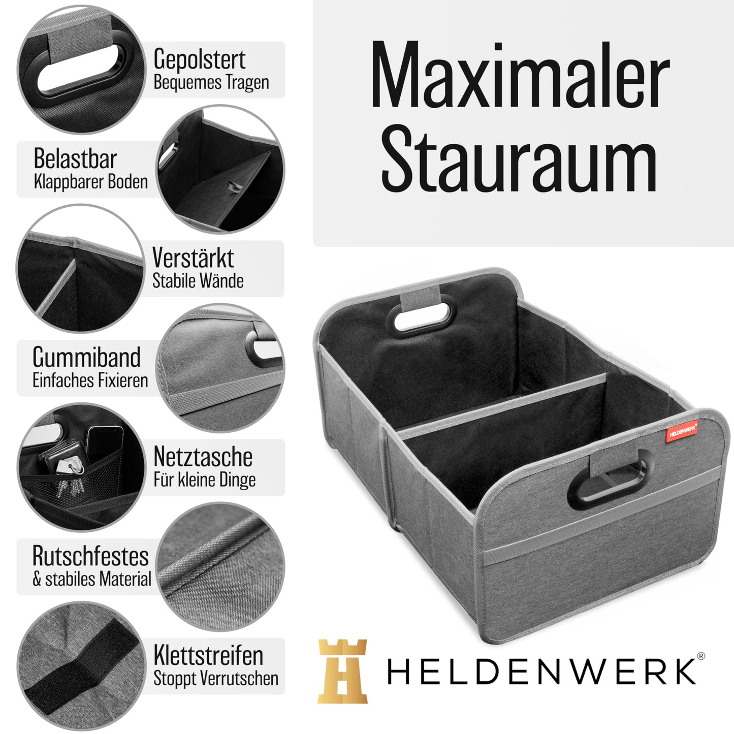 HELDENWERK Kofferraumtasche faltbar mit Anti-Rutsch-Klett - Kofferraum-Organizer, Auto Faltbox, Einkaufstasche - verstärkt und stabil