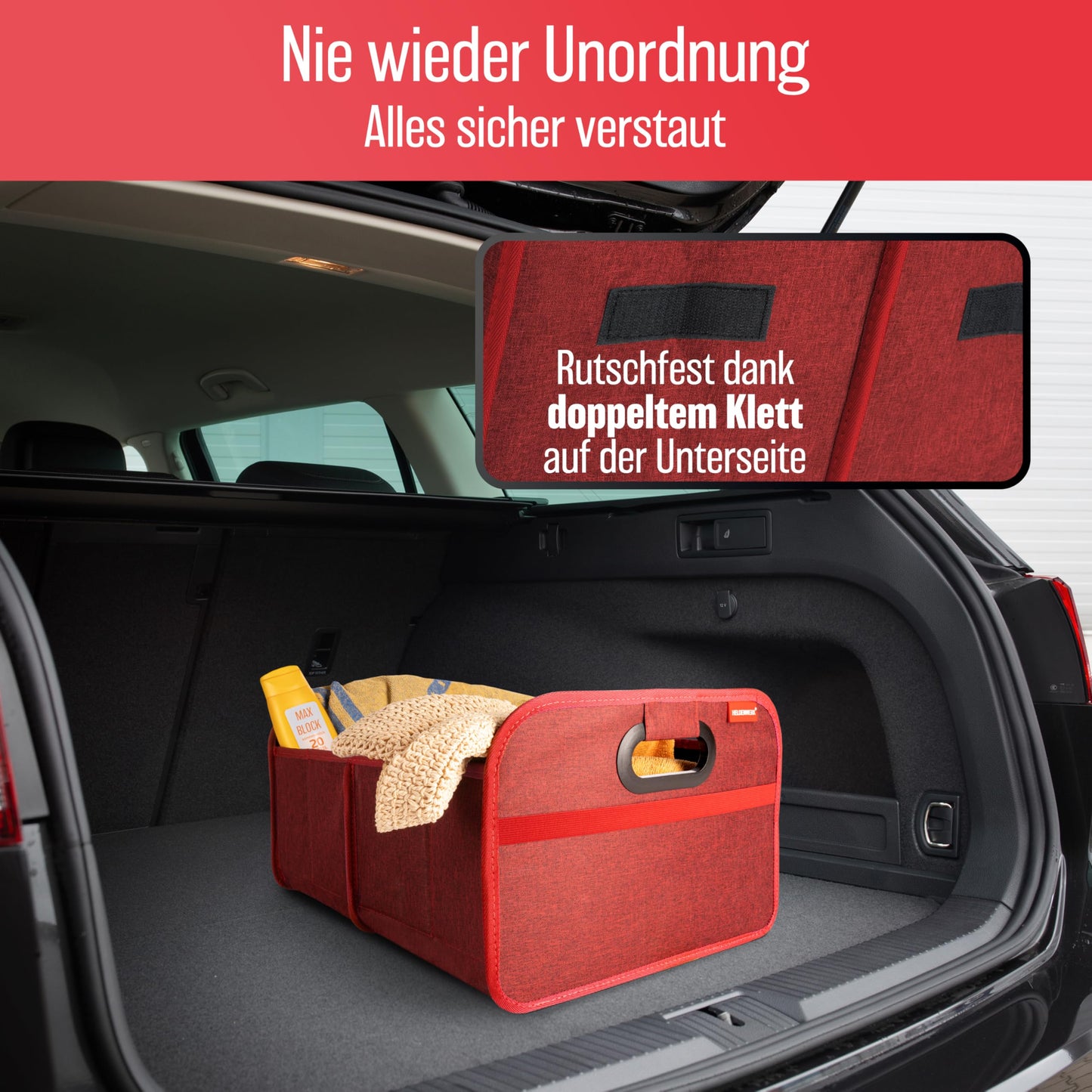 HELDENWERK Kofferraumtasche faltbar mit Anti-Rutsch-Klett - Kofferraum-Organizer, Auto Faltbox, Einkaufstasche - verstärkt und stabil
