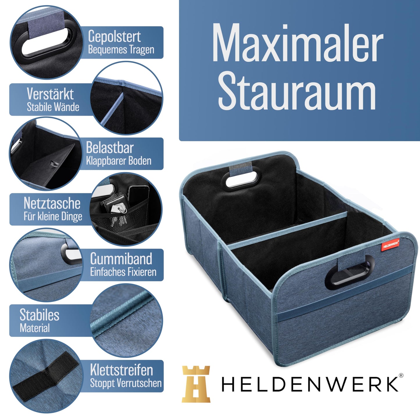 HELDENWERK Kofferraumtasche faltbar mit Anti-Rutsch-Klett - Kofferraum-Organizer, Auto Faltbox, Einkaufstasche - verstärkt und stabil