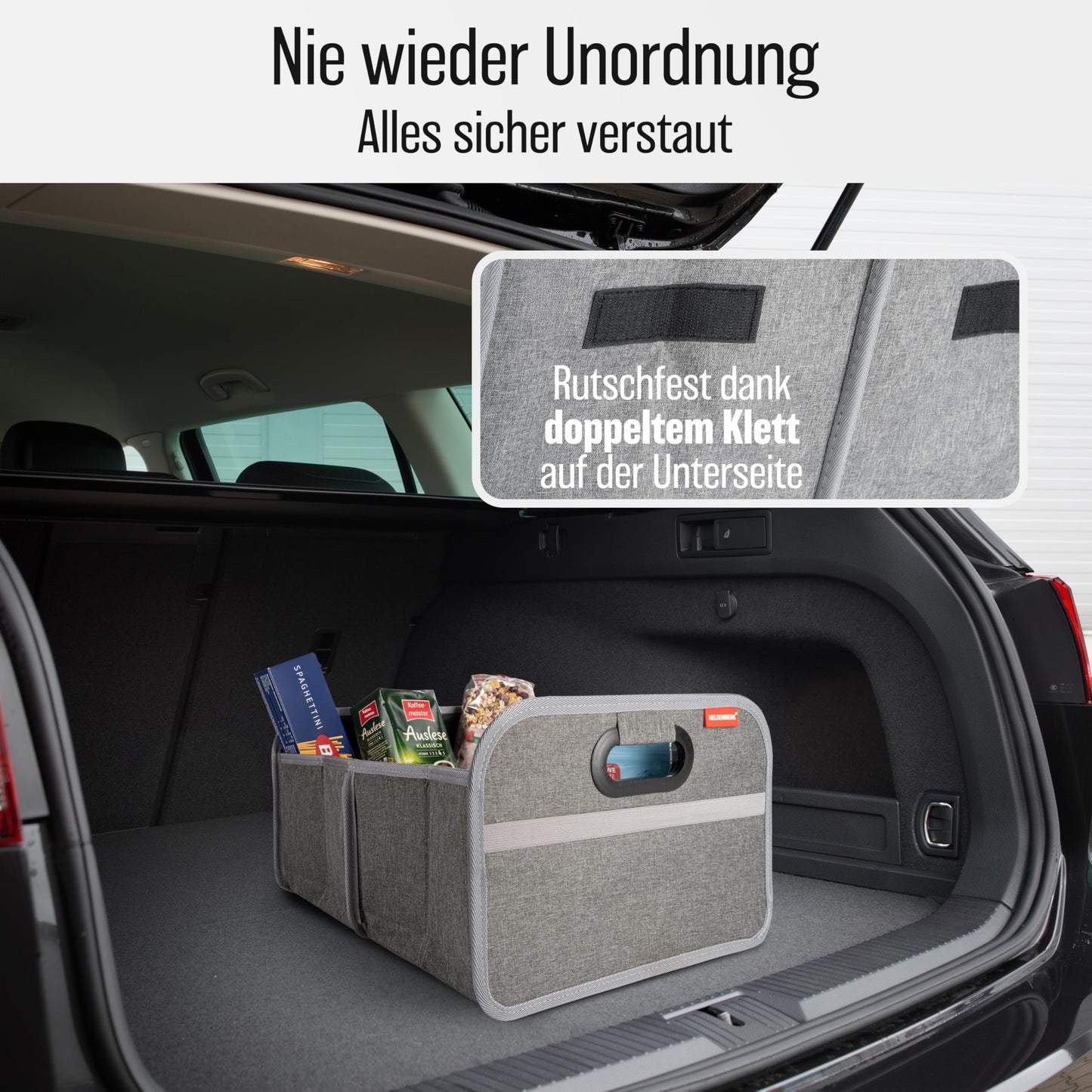 HELDENWERK Kofferraumtasche faltbar mit Anti-Rutsch-Klett - Kofferraum-Organizer, Auto Faltbox, Einkaufstasche - verstärkt und stabil