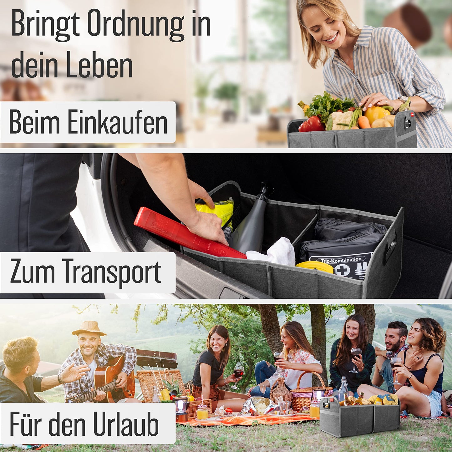HELDENWERK Kofferraumtasche faltbar mit Anti-Rutsch-Klett - Kofferraum-Organizer, Auto Faltbox, Einkaufstasche - verstärkt und stabil