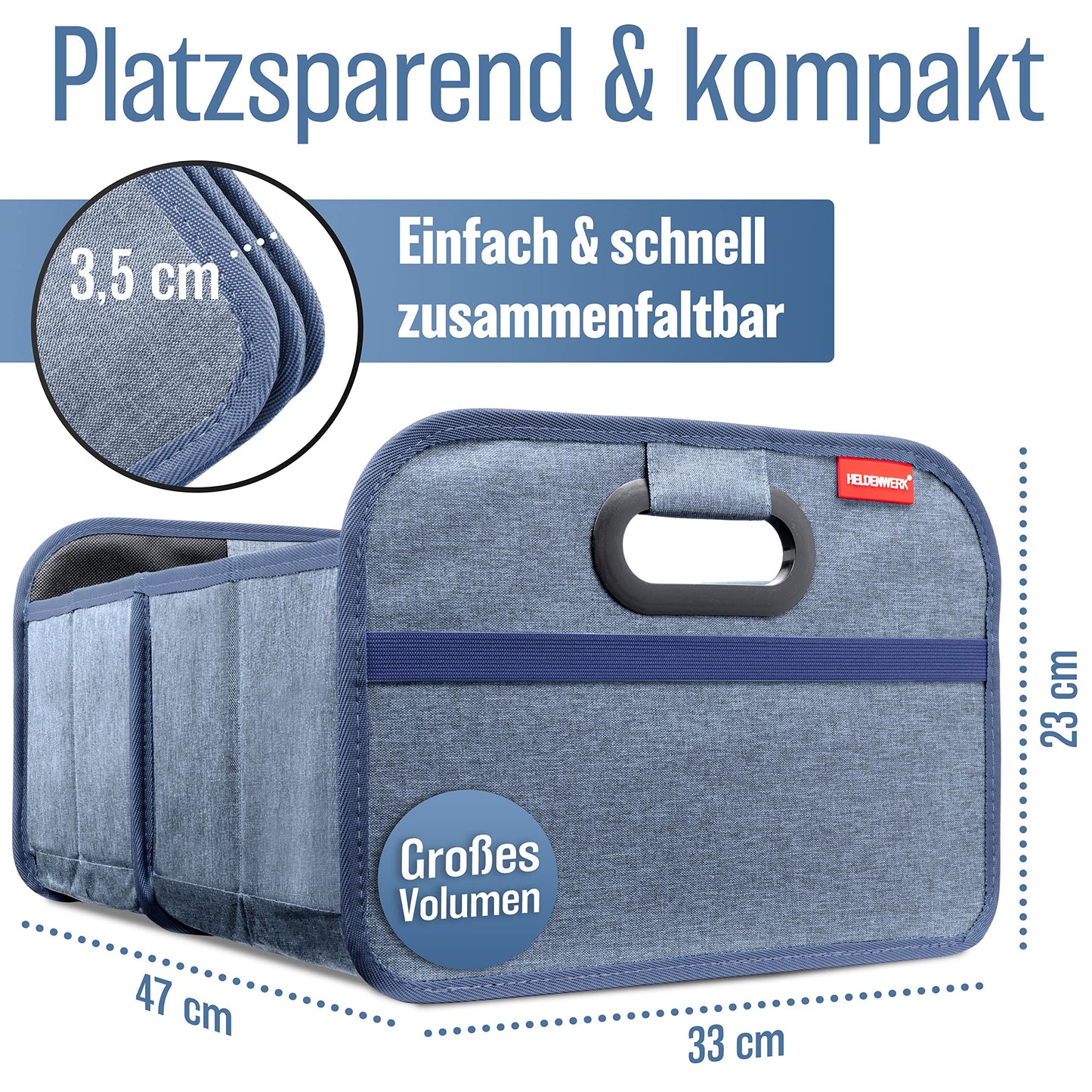 HELDENWERK Kofferraumtasche faltbar mit Anti-Rutsch-Klett - Kofferraum-Organizer, Auto Faltbox, Einkaufstasche - verstärkt und stabil