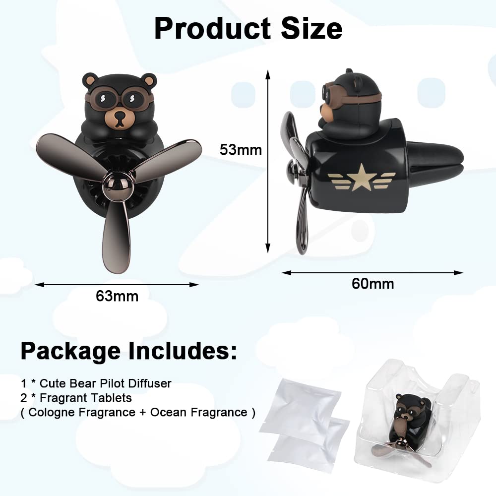 URAQT Auto Diffuser,Cartoon Bär Pilot Auto Lufterfrischer Automotive Air Outlet Lüfterfrischer Vent Clips Auto Innendekorationszubehör Auto Parfüm Diffusor Mit 2 x Aromatherapie Tabletten Schwarz
