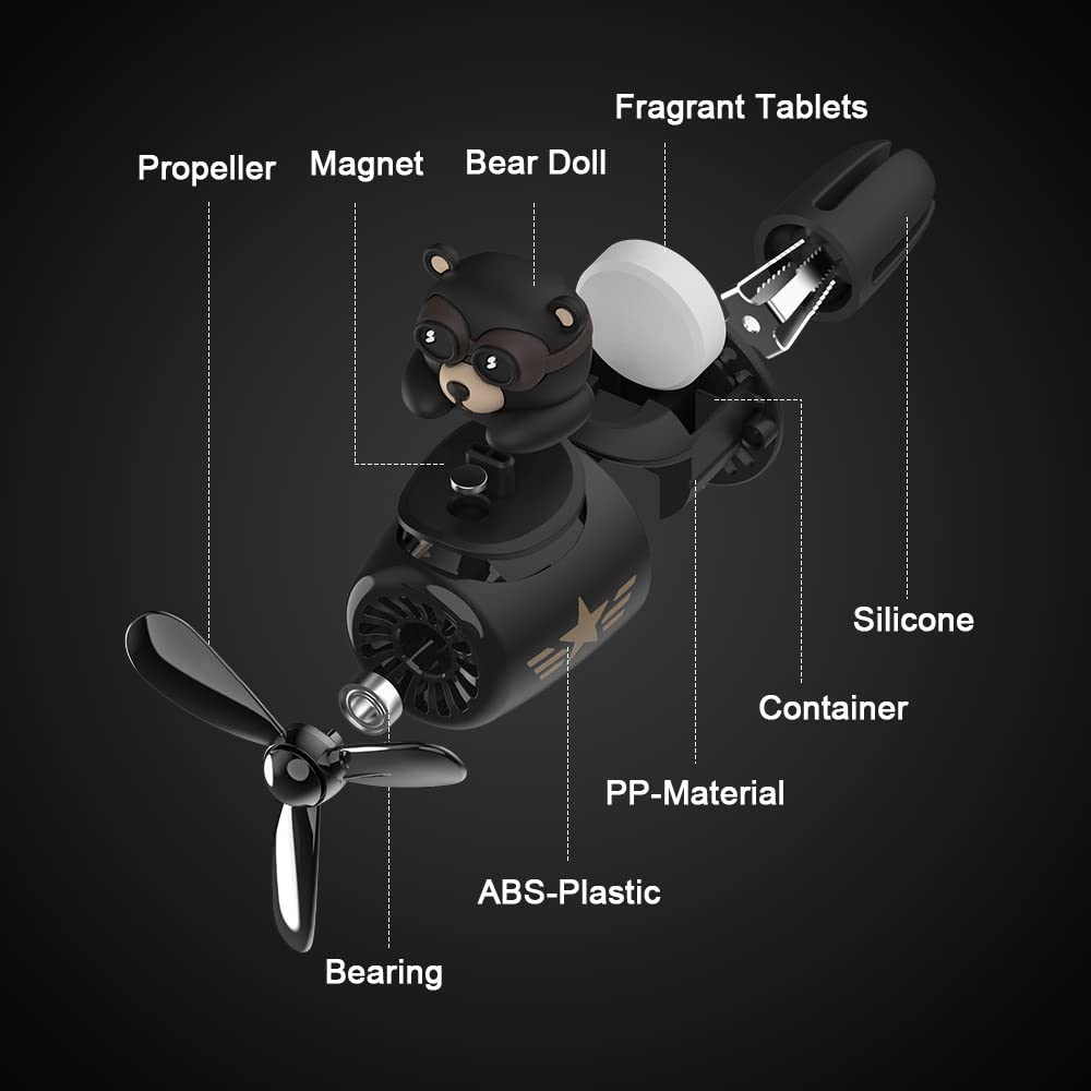 URAQT Auto Diffuser,Cartoon Bär Pilot Auto Lufterfrischer Automotive Air Outlet Lüfterfrischer Vent Clips Auto Innendekorationszubehör Auto Parfüm Diffusor Mit 2 x Aromatherapie Tabletten Schwarz