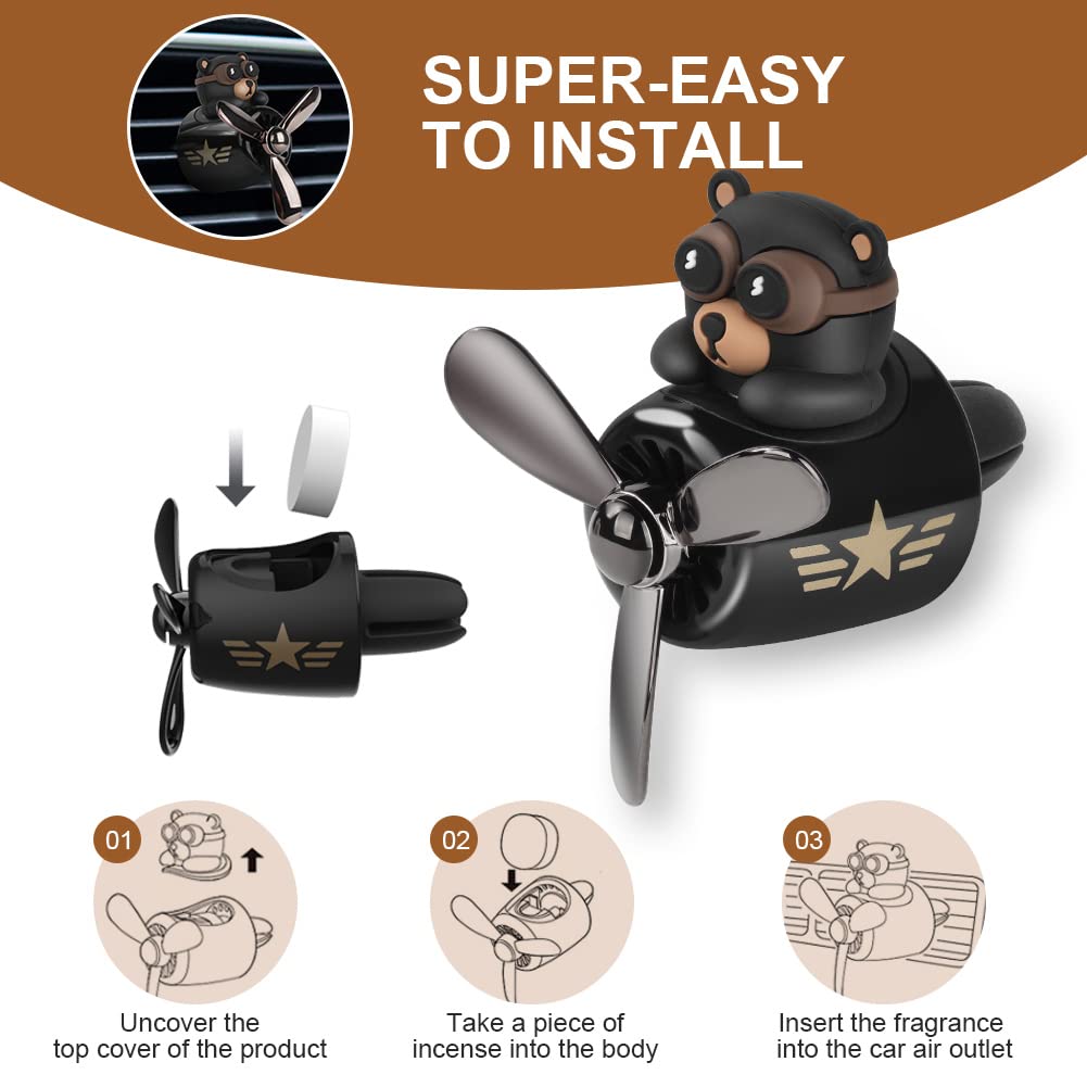 URAQT Auto Diffuser,Cartoon Bär Pilot Auto Lufterfrischer Automotive Air Outlet Lüfterfrischer Vent Clips Auto Innendekorationszubehör Auto Parfüm Diffusor Mit 2 x Aromatherapie Tabletten Schwarz