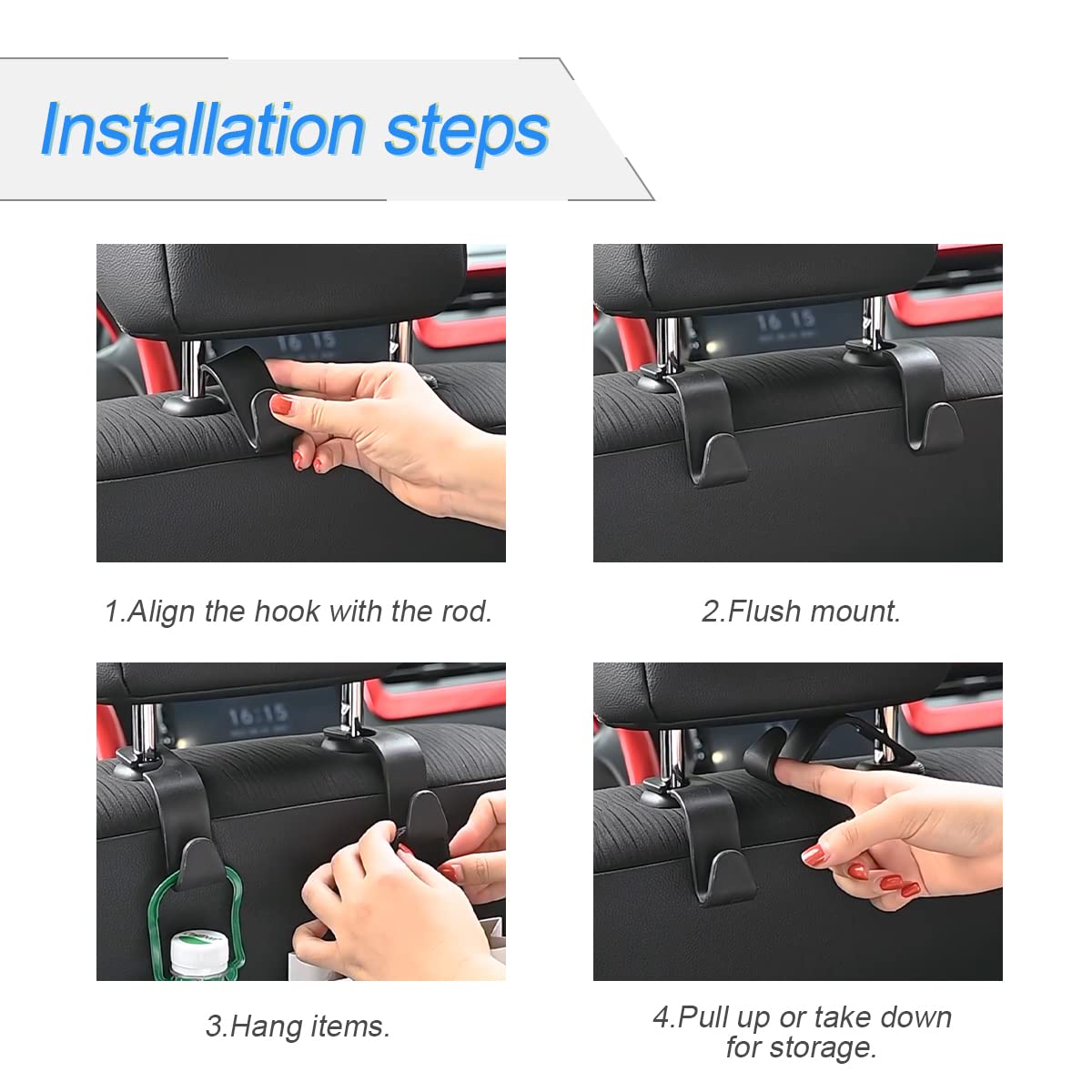 Car Headrest Hooks, 4 Pack Black Hidden Car Seat Hooks, Suitable for Hanging Bags, Shopping Bags, Toys for Kids, Car Accessories for Interior