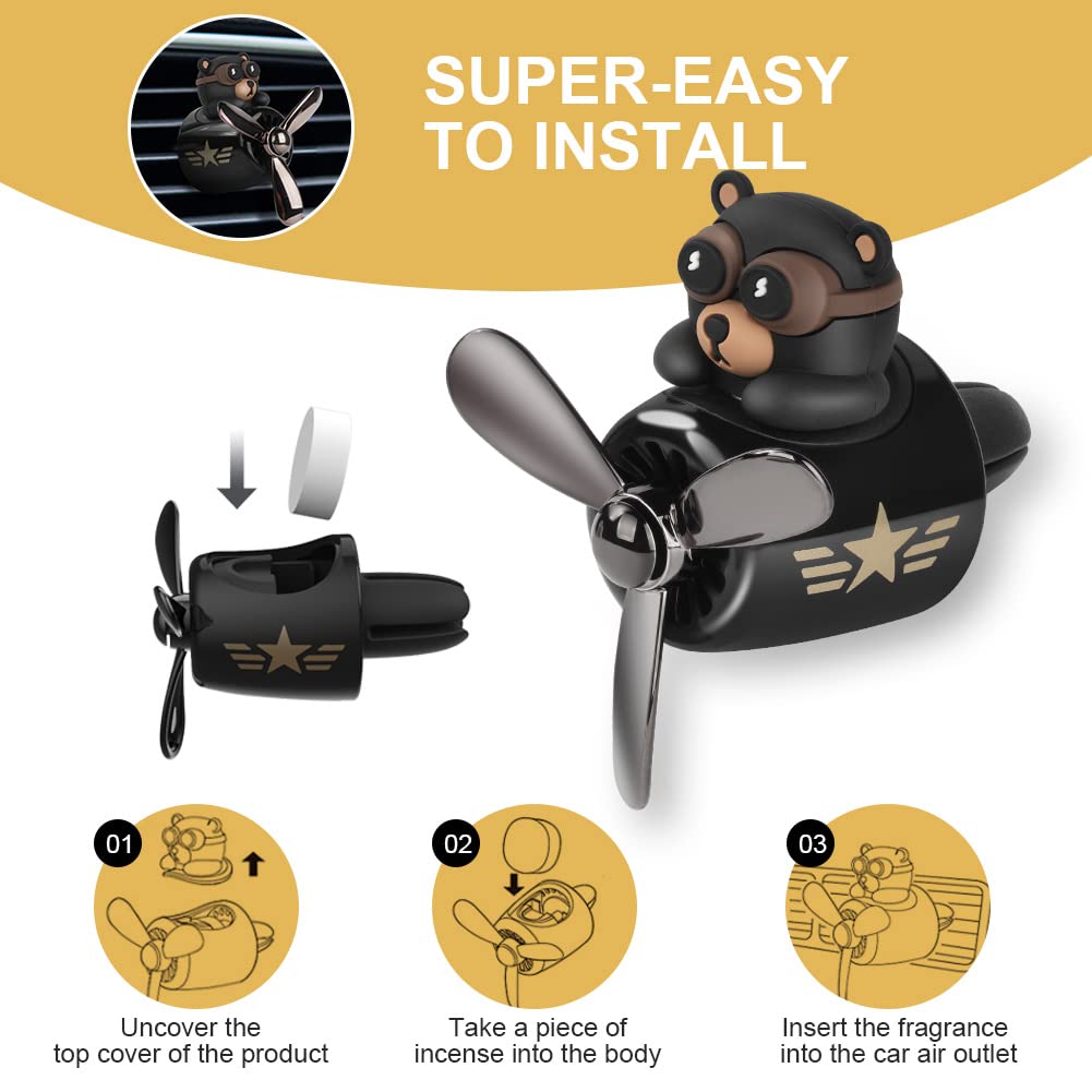 URAQT Auto Diffuser,Cartoon Bär Pilot Auto Lufterfrischer Automotive Air Outlet Lüfterfrischer Vent Clips Auto Innendekorationszubehör Auto Parfüm Diffusor Mit 2 x Aromatherapie Tabletten Schwarz