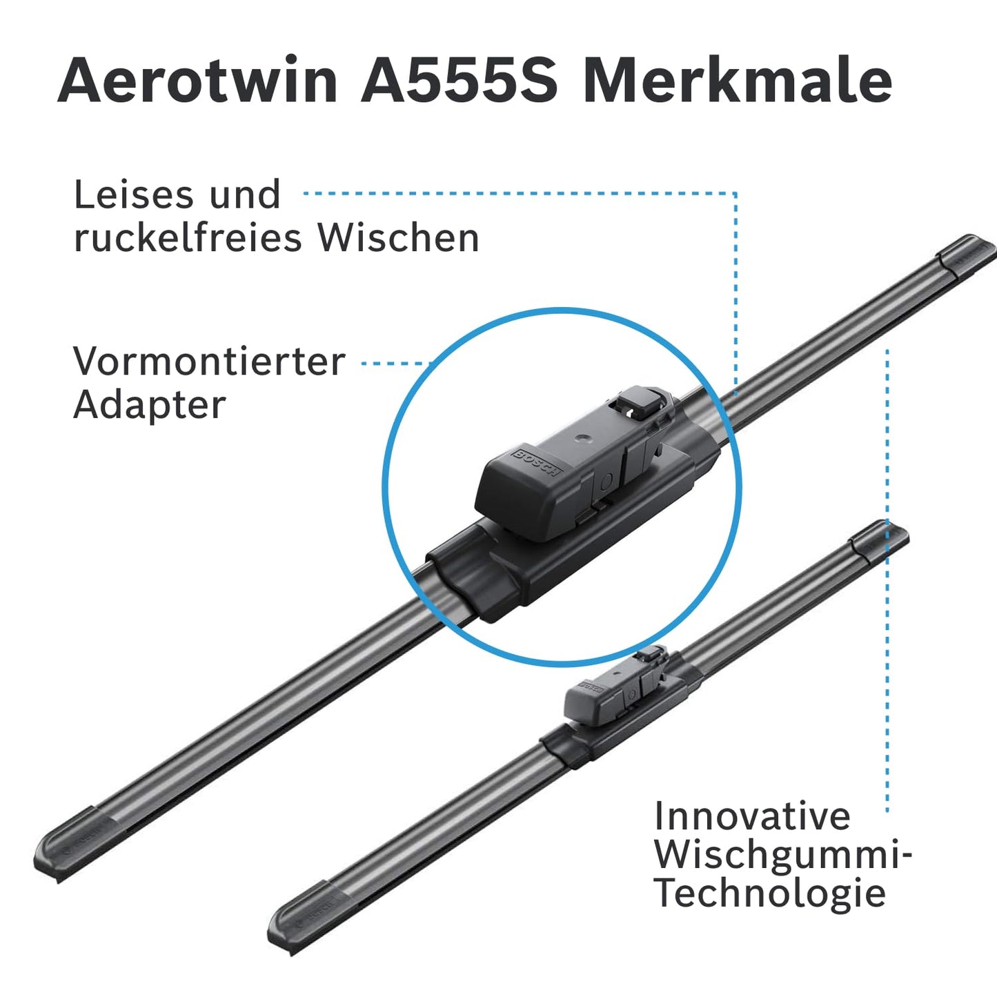 Bosch Aerotwin A555S Front-Scheibenwischer - Set mit 2 Ersatz-Scheibenwischern und vormontiertem Adapter - 2 Wischblätter, 600 mm und 400 mm