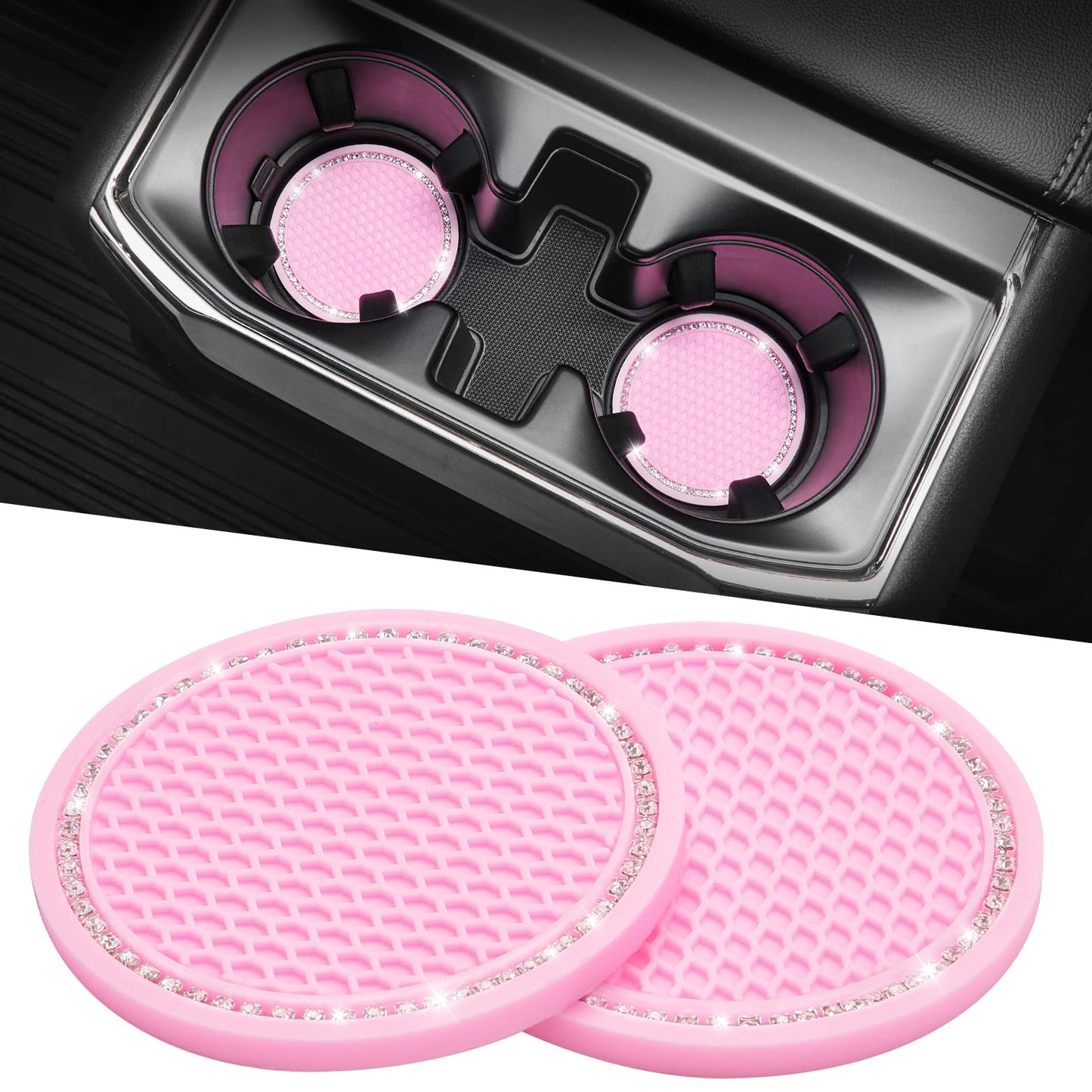 JOYTUTUS Car Drink Holder Coaster, Universal Car Drink Holder Insert, Non-Slip Car Coasters for Coffee Mugs, Car Accessories for Women, Pack of 2, Black/Glitz (Black-2)