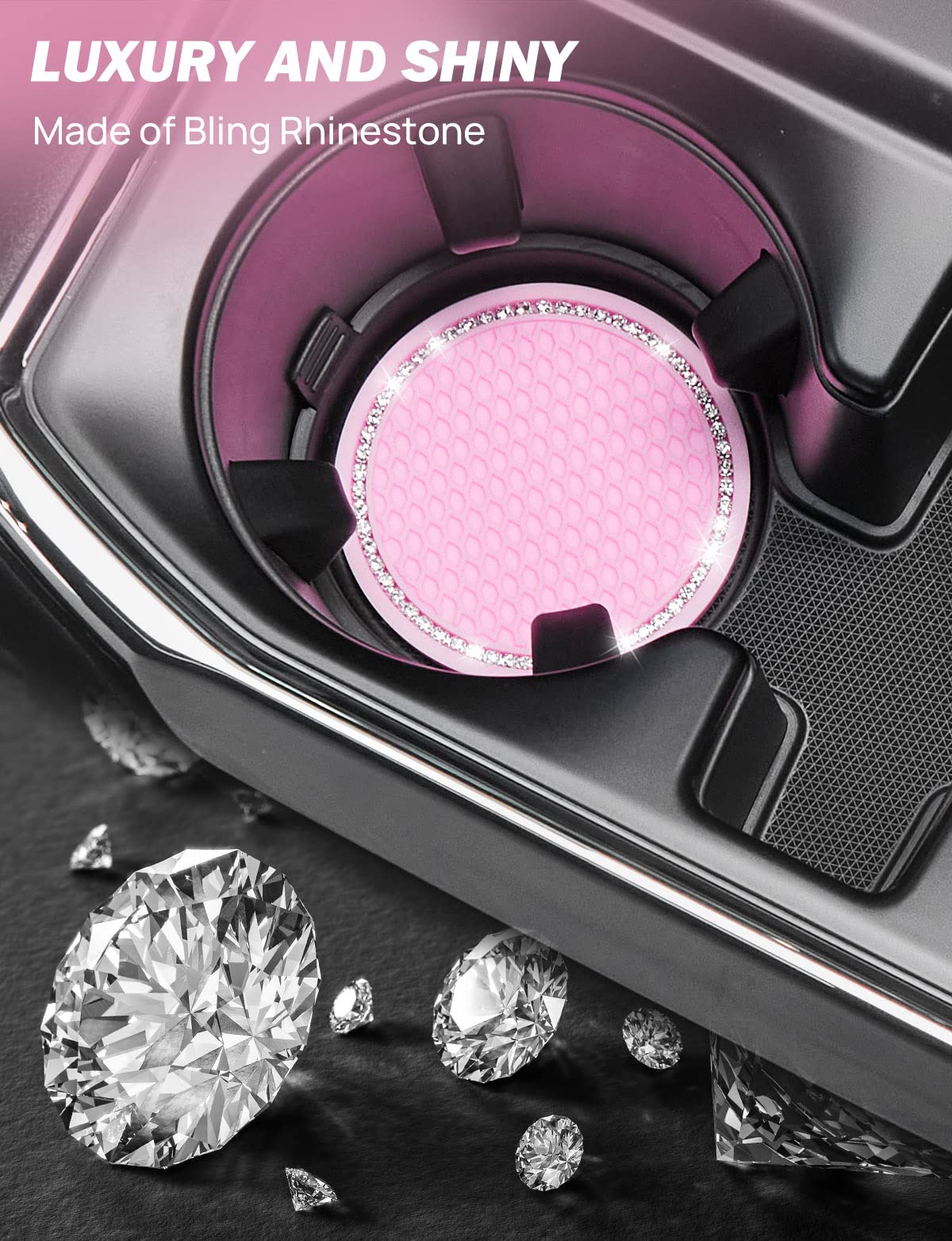 JOYTUTUS Car Drink Holder Coaster, Universal Car Drink Holder Insert, Non-Slip Car Coasters for Coffee Mugs, Car Accessories for Women, Pack of 2, Black/Glitz (Black-2)