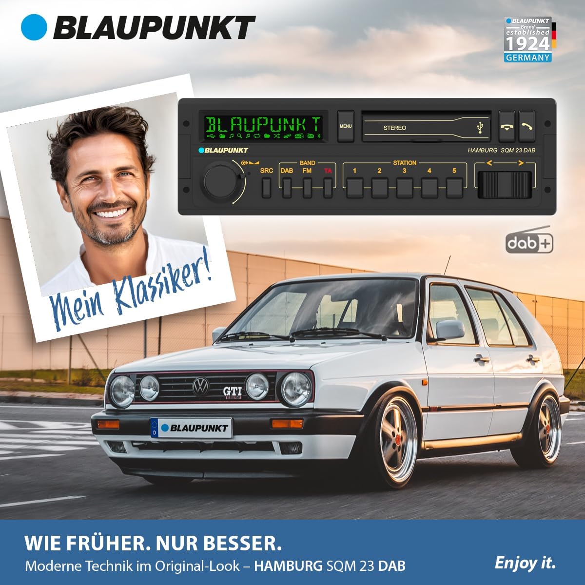 Blaupunkt Hamburg SQM 23 DAB, 1-DIN Car Radio in Youngtimer Design, Retro Radio, Vintage Radio DAB+, Bluetooth, Hands-Free System, 2 x USB, Aux Input, Sub-Out, Variocolour Display, 200 W