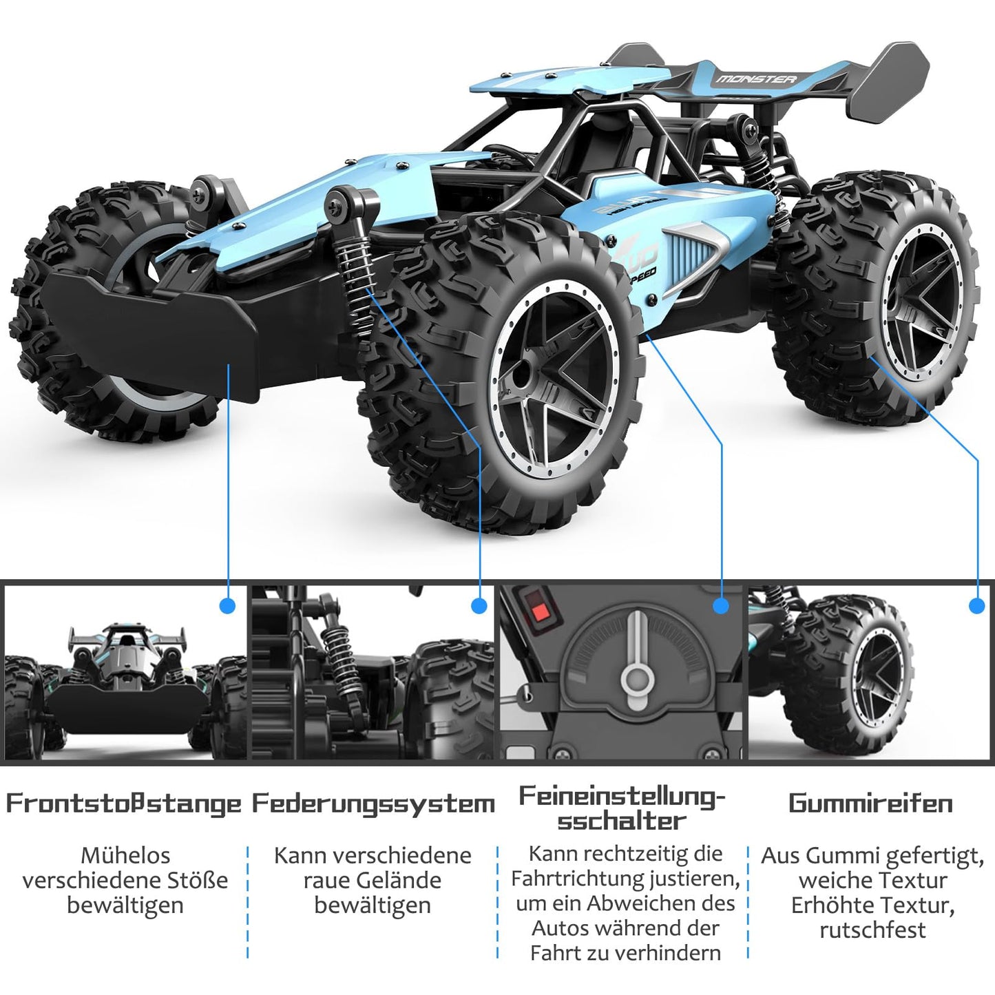 Pmgud Ferngesteuertes Auto, 2,4 GHz 1:18 Proportional 2WD 20+ km/h Hobby Offroad Monster RC Truck, wasserdichte RC Truggy RTR Geländegängig Spielzeug (Grün)