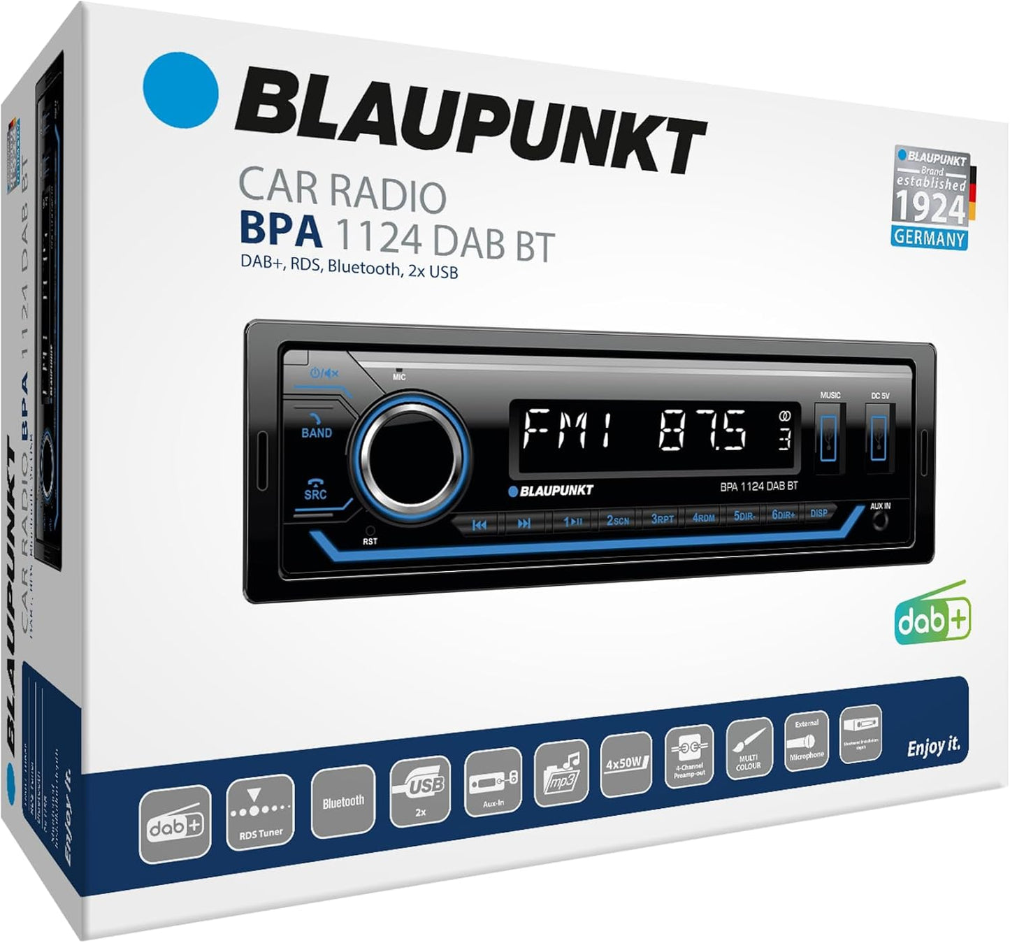Blaupunkt BPA 1124 DAB BT, 1-DIN Autoradio, DAB+, Bluetooth, Freisprecheinrichtung, 2xUSB, Aux-Eingang, Sub-Out, Multicolor, 200 Watt