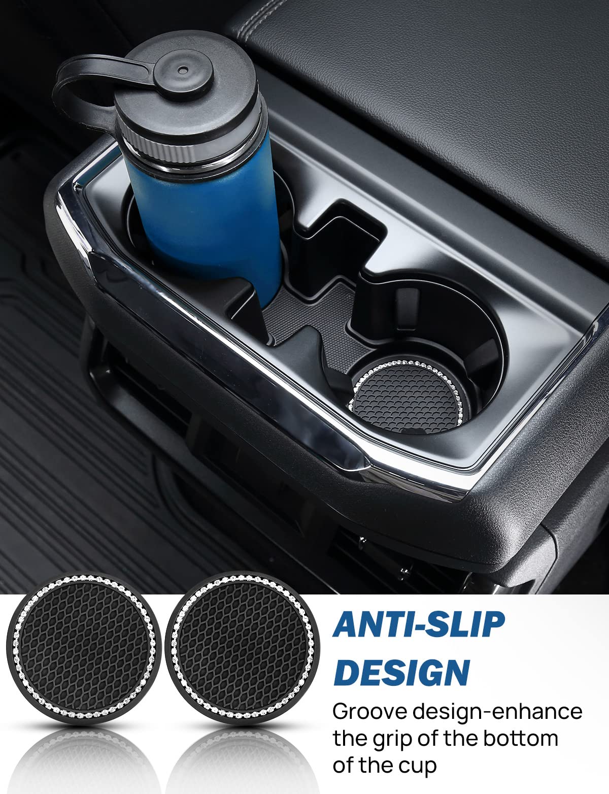 JOYTUTUS Car Drink Holder Coaster, Universal Car Drink Holder Insert, Non-Slip Car Coasters for Coffee Mugs, Car Accessories for Women, Pack of 2, Black/Glitz (Black-2)