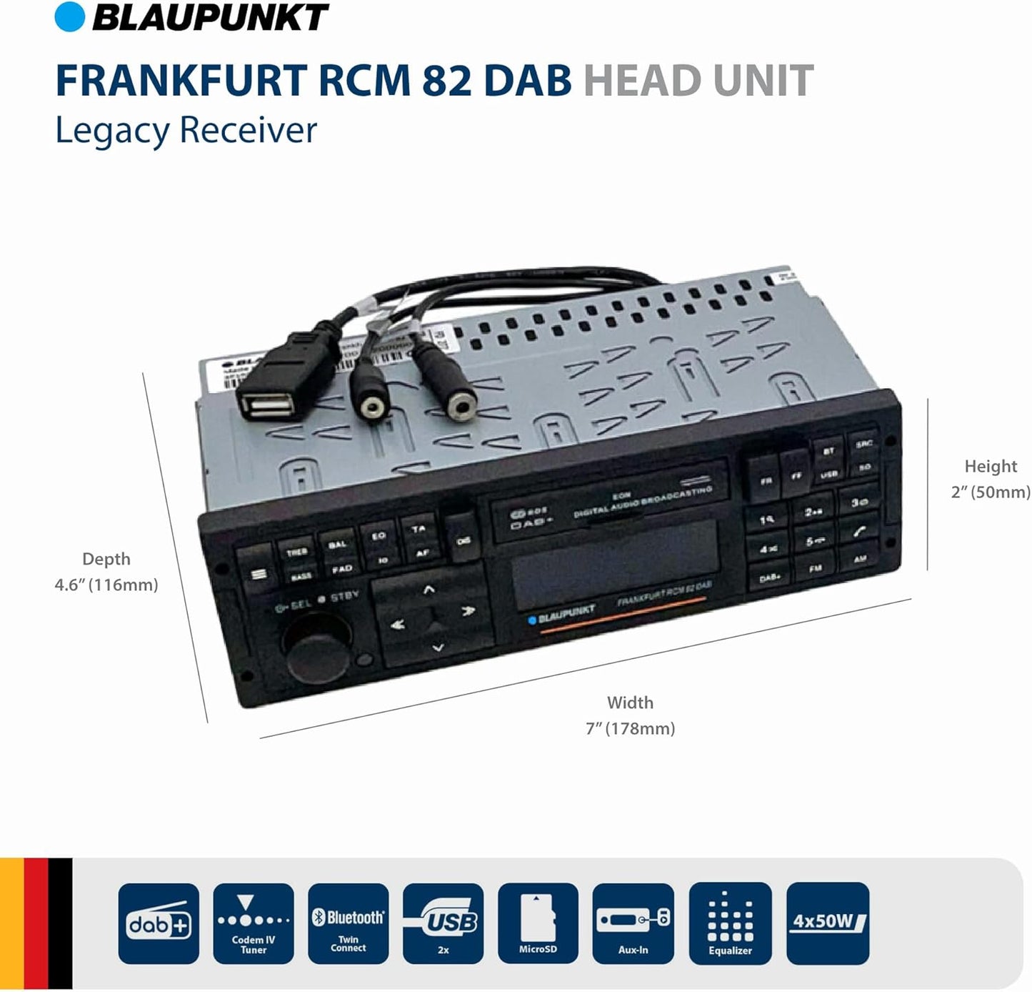Blaupunkt Frankfurt RCM 82 DAB 1-DIN Car Radio, DAB+, Bluetooth, AUX; USB, SD Card Input, Steering Wheel Remote Control, Hands-Free Kit, Equalizer, 200 Watt, Black
