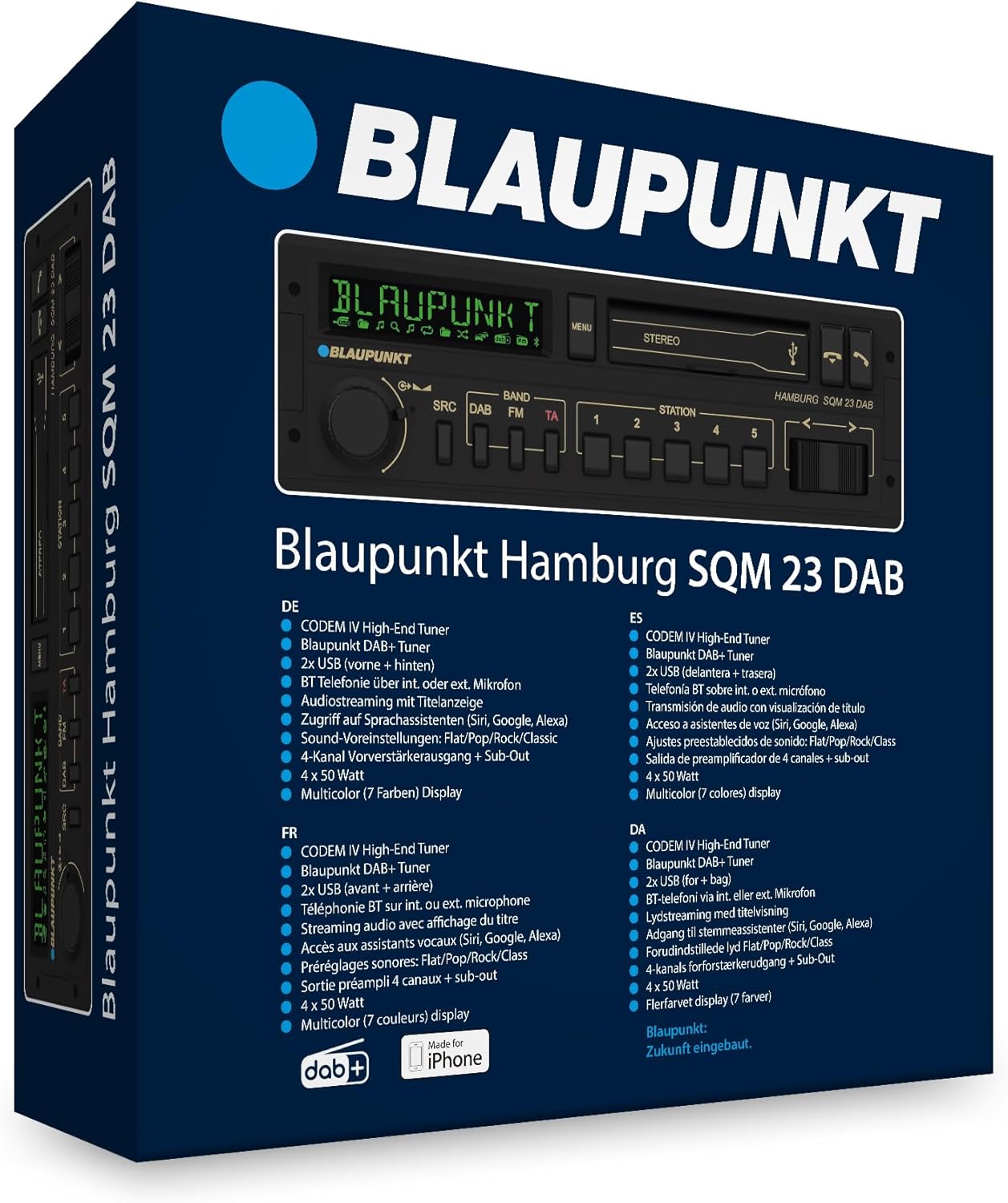 Blaupunkt Hamburg SQM 23 DAB, 1-DIN Car Radio in Youngtimer Design, Retro Radio, Vintage Radio DAB+, Bluetooth, Hands-Free System, 2 x USB, Aux Input, Sub-Out, Variocolour Display, 200 W