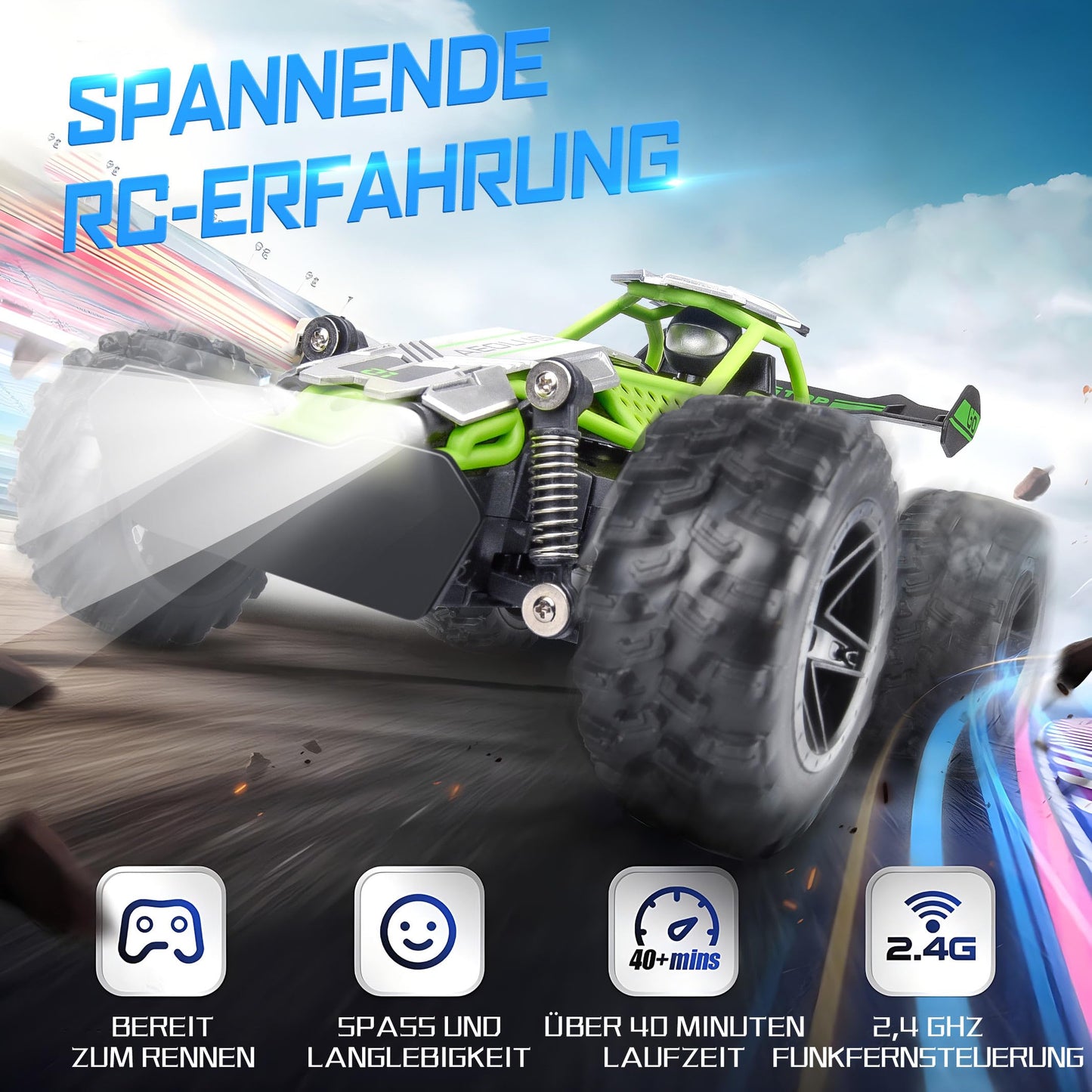 Pmgud Ferngesteuertes Auto, 2,4 GHz 1:18 Proportional 2WD 20+ km/h Hobby Offroad Monster RC Truck, wasserdichte RC Truggy RTR Geländegängig Spielzeug (Grün)