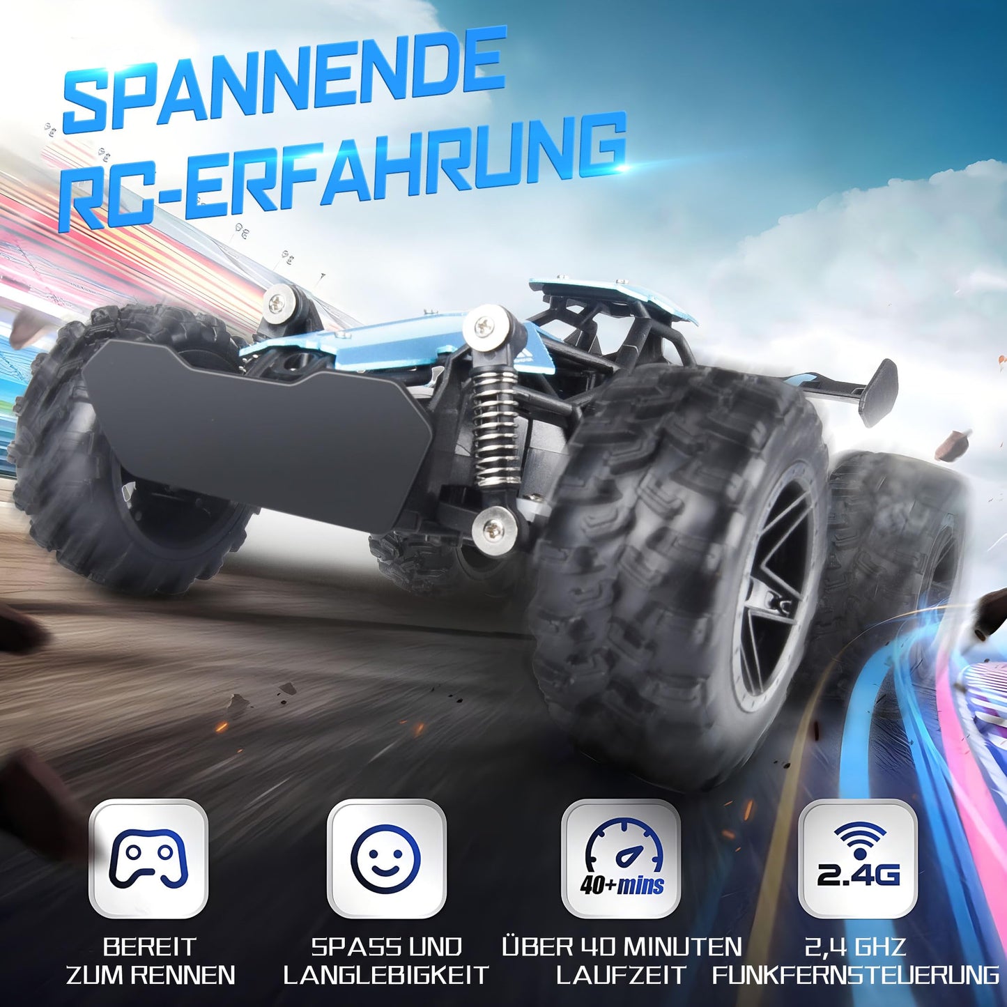 Pmgud Ferngesteuertes Auto, 2,4 GHz 1:18 Proportional 2WD 20+ km/h Hobby Offroad Monster RC Truck, wasserdichte RC Truggy RTR Geländegängig Spielzeug (Grün)
