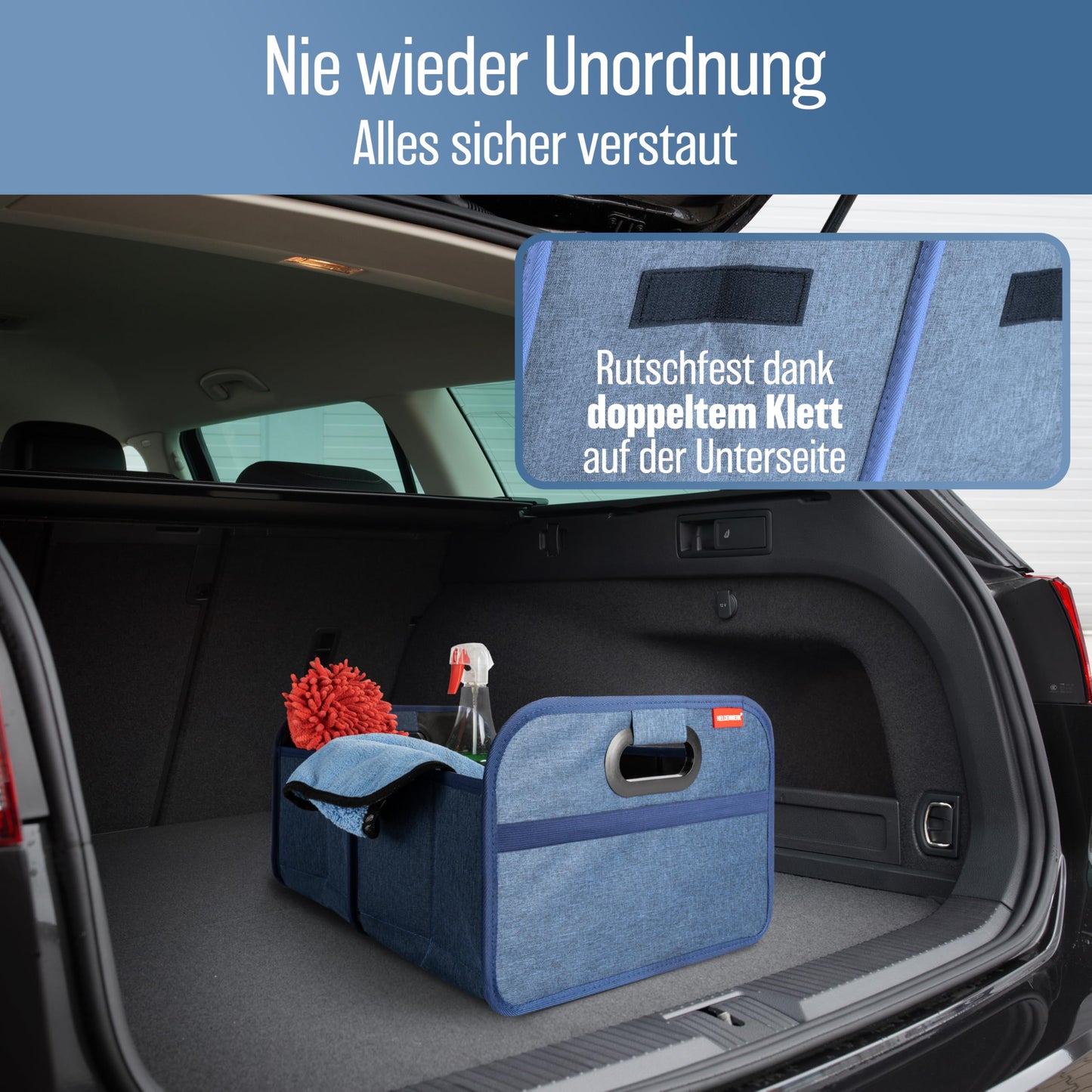 HELDENWERK Kofferraumtasche faltbar mit Anti-Rutsch-Klett - Kofferraum-Organizer, Auto Faltbox, Einkaufstasche - verstärkt und stabil