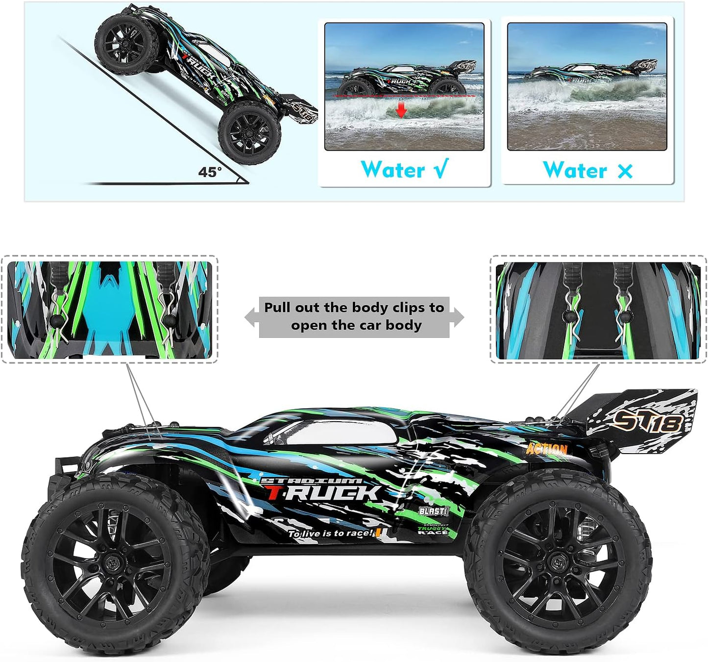 HAIBOXING Ferngesteuertes Auto, 2,4 GHz 1:18 Proportional 4WD 36+ km/h Hobby Offroad Monster RC Truck, wasserdichte RC Truggy RTR Geländegängig Spielzeug