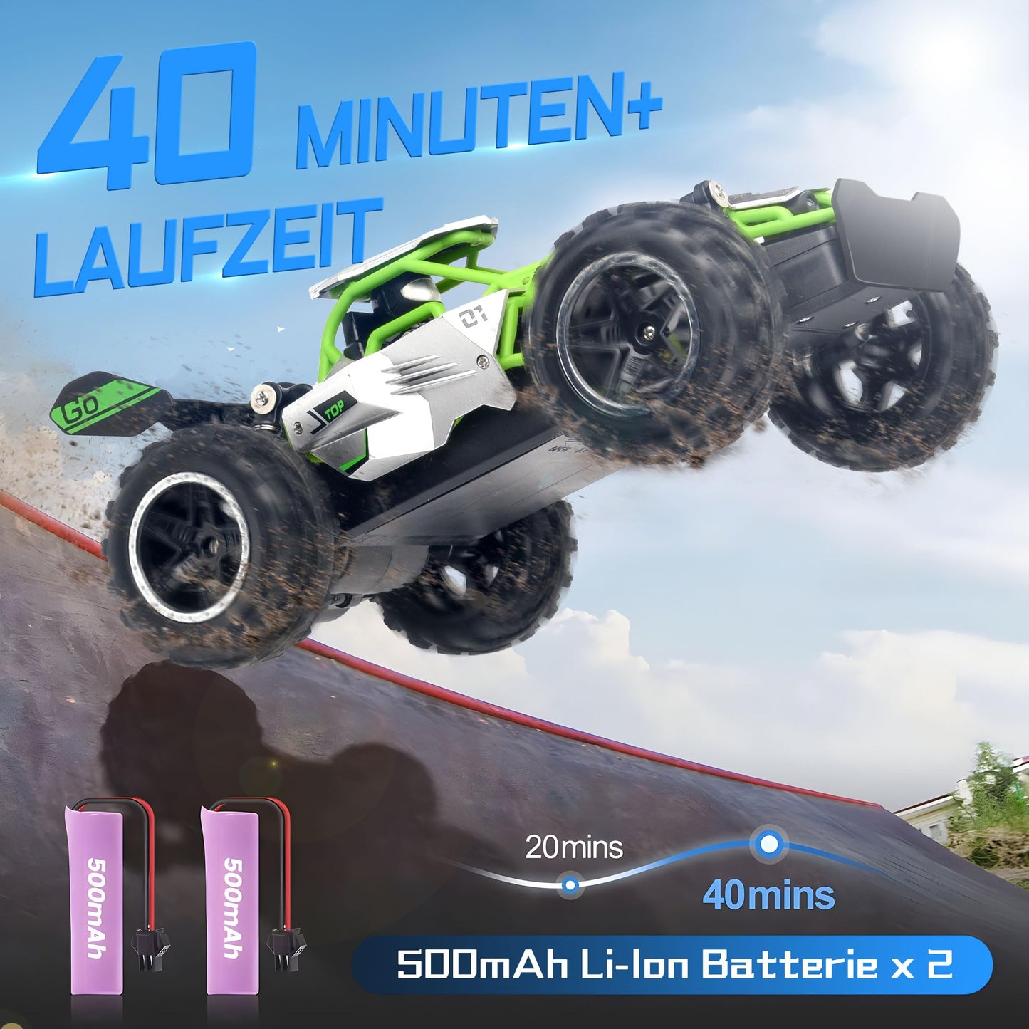 Pmgud Ferngesteuertes Auto, 2,4 GHz 1:18 Proportional 2WD 20+ km/h Hobby Offroad Monster RC Truck, wasserdichte RC Truggy RTR Geländegängig Spielzeug (Grün)