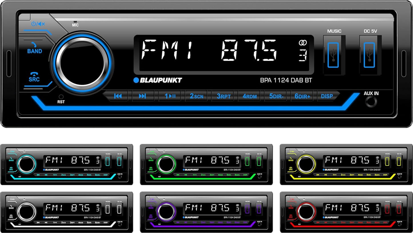 Blaupunkt BPA 1124 DAB BT, 1-DIN Autoradio, DAB+, Bluetooth, Freisprecheinrichtung, 2xUSB, Aux-Eingang, Sub-Out, Multicolor, 200 Watt