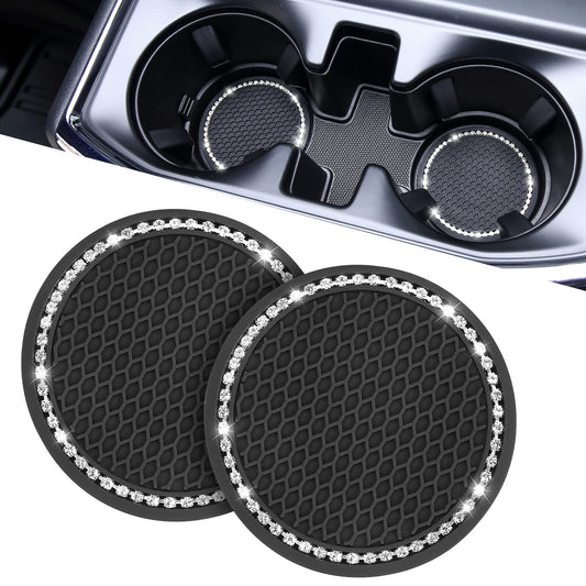 JOYTUTUS Car Drink Holder Coaster, Universal Car Drink Holder Insert, Non-Slip Car Coasters for Coffee Mugs, Car Accessories for Women, Pack of 2, Black/Glitz (Black-2)