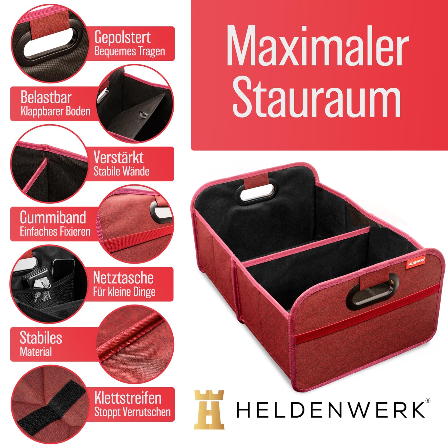 HELDENWERK Kofferraumtasche faltbar mit Anti-Rutsch-Klett - Kofferraum-Organizer, Auto Faltbox, Einkaufstasche - verstärkt und stabil