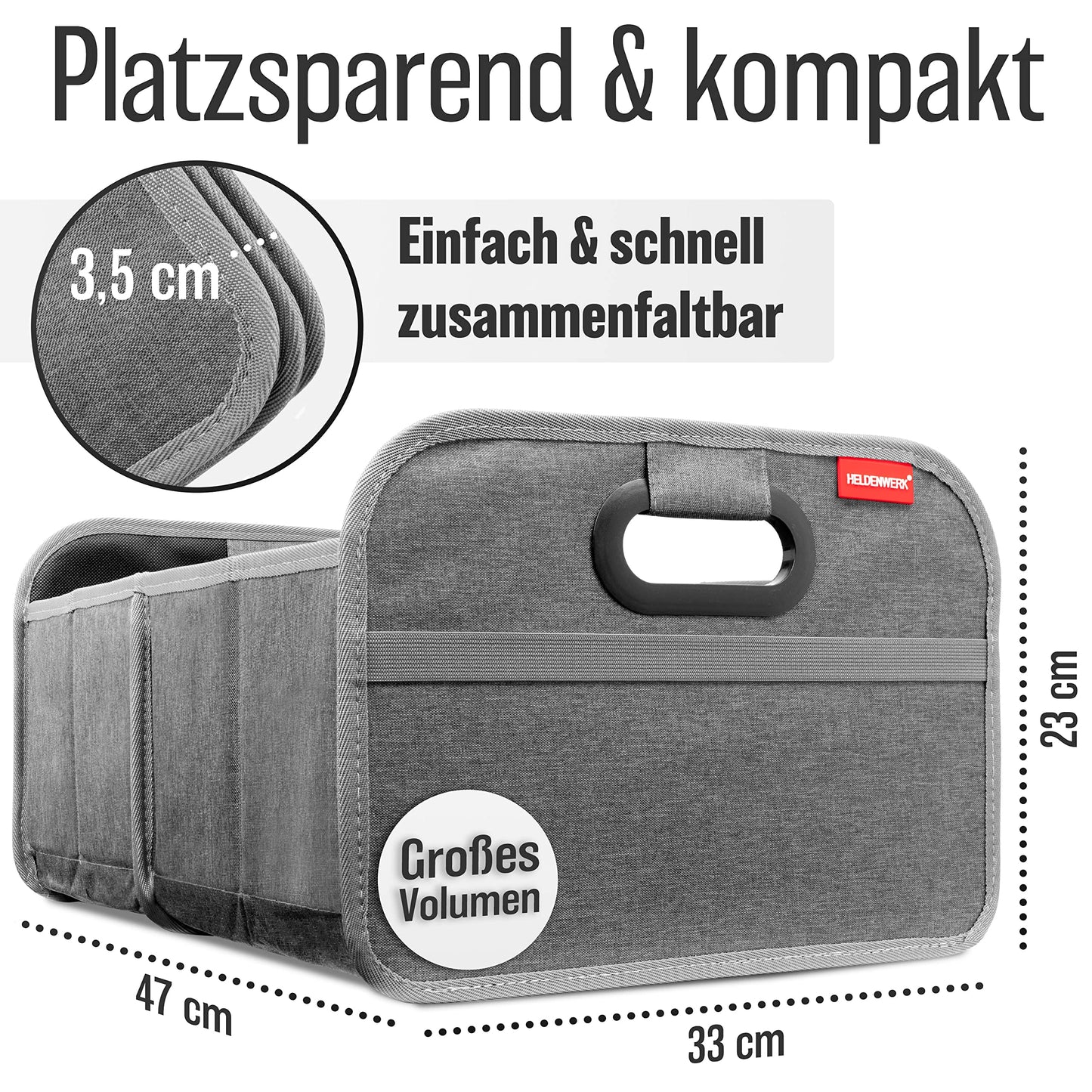 HELDENWERK Kofferraumtasche faltbar mit Anti-Rutsch-Klett - Kofferraum-Organizer, Auto Faltbox, Einkaufstasche - verstärkt und stabil