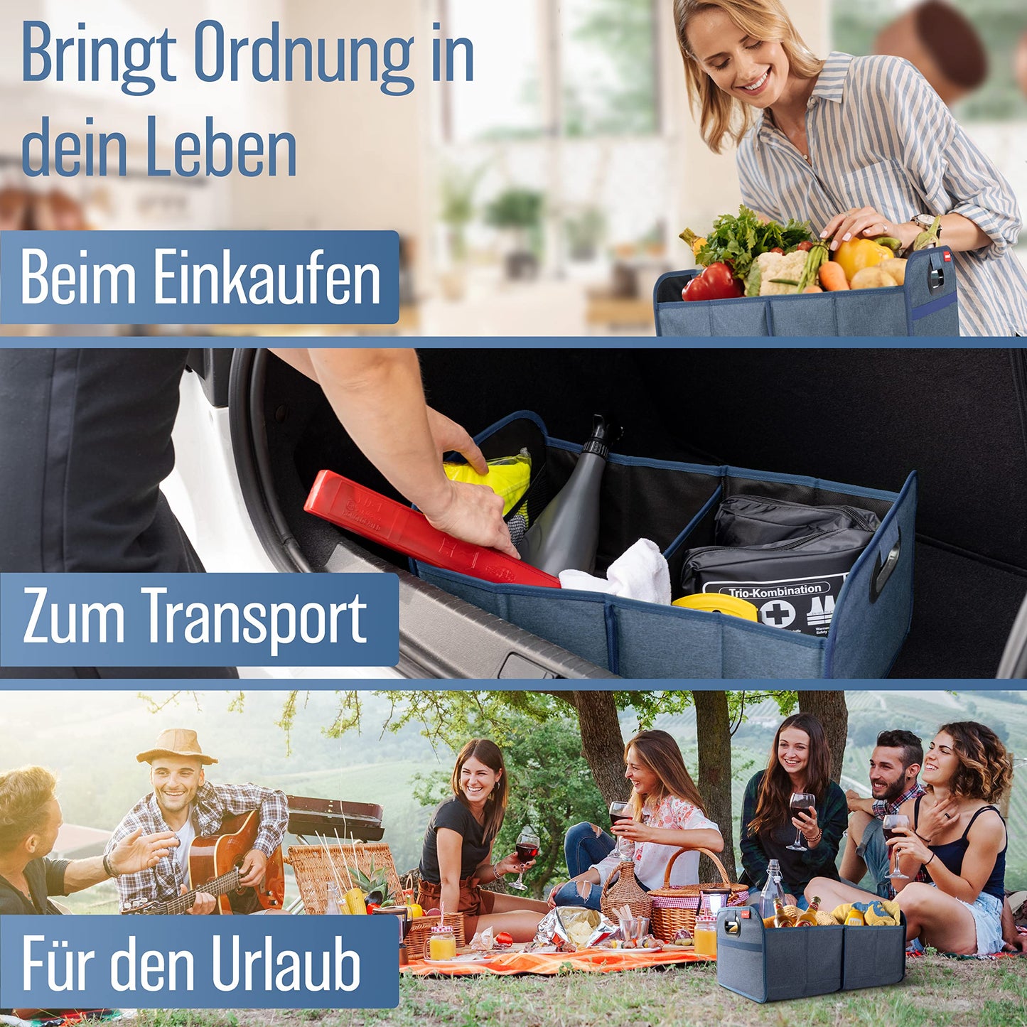 HELDENWERK Kofferraumtasche faltbar mit Anti-Rutsch-Klett - Kofferraum-Organizer, Auto Faltbox, Einkaufstasche - verstärkt und stabil